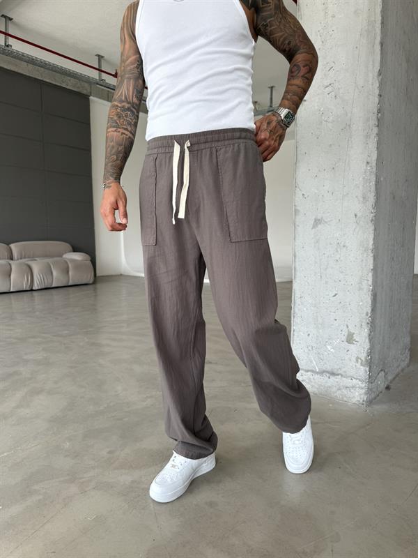 Cep Detaylı Keten Pantolon - Kahve