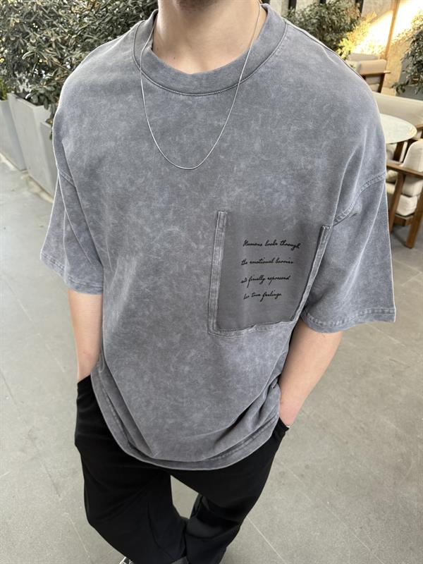 Cep Detaylı Yazılı Yıkamalı T-Shirt - Füme
