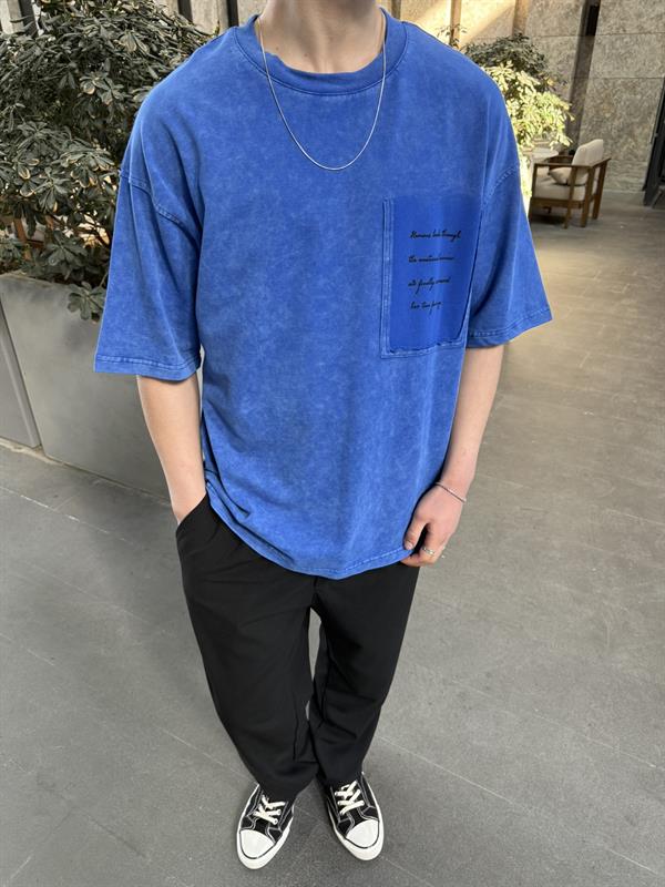 Cep Detaylı Yazılı Yıkamalı T-Shirt - Mavi