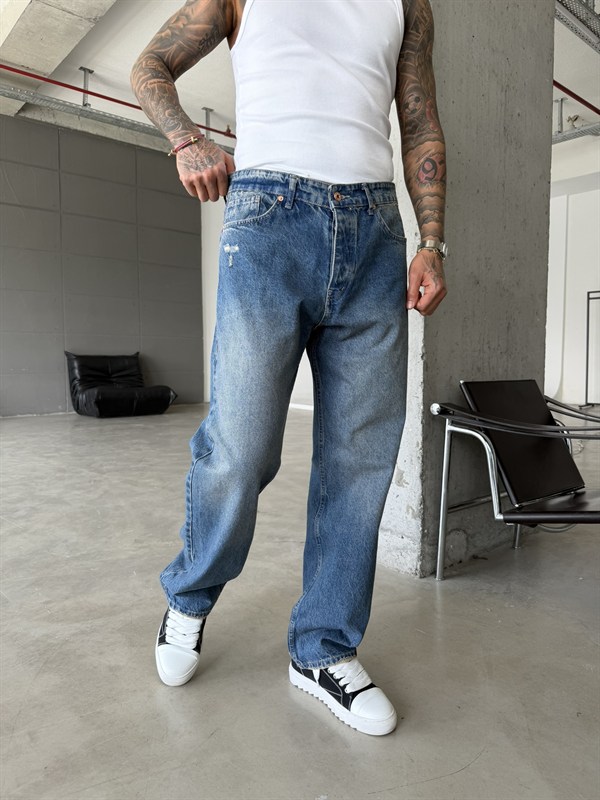 Cep Yırtık Detaylı Baggy Fit Pantolon - Mavi