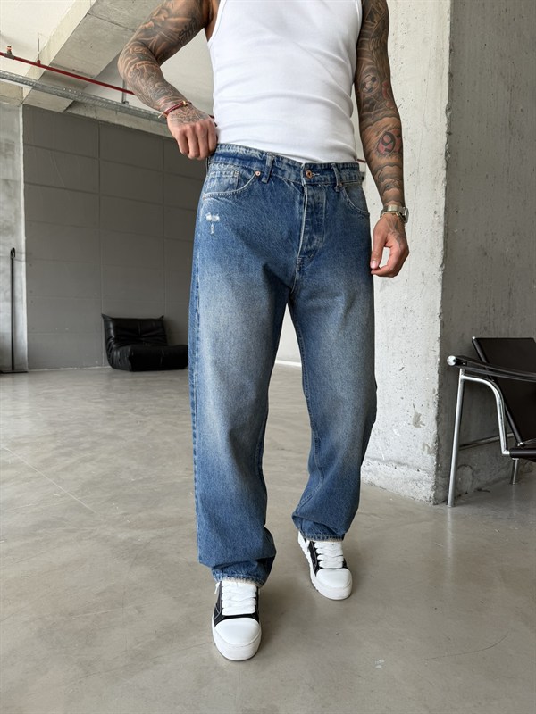 Cep Yırtık Detaylı Baggy Fit Pantolon - Mavi