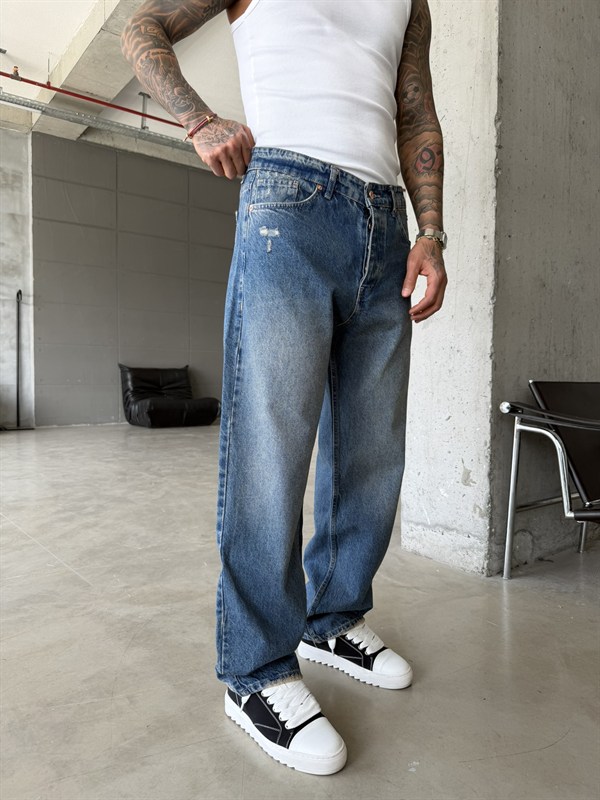 Cep Yırtık Detaylı Baggy Fit Pantolon - Mavi