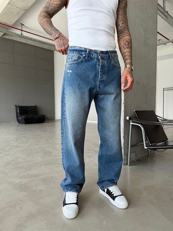 Cep Yırtık Detaylı Baggy Fit Pantolon - Mavi