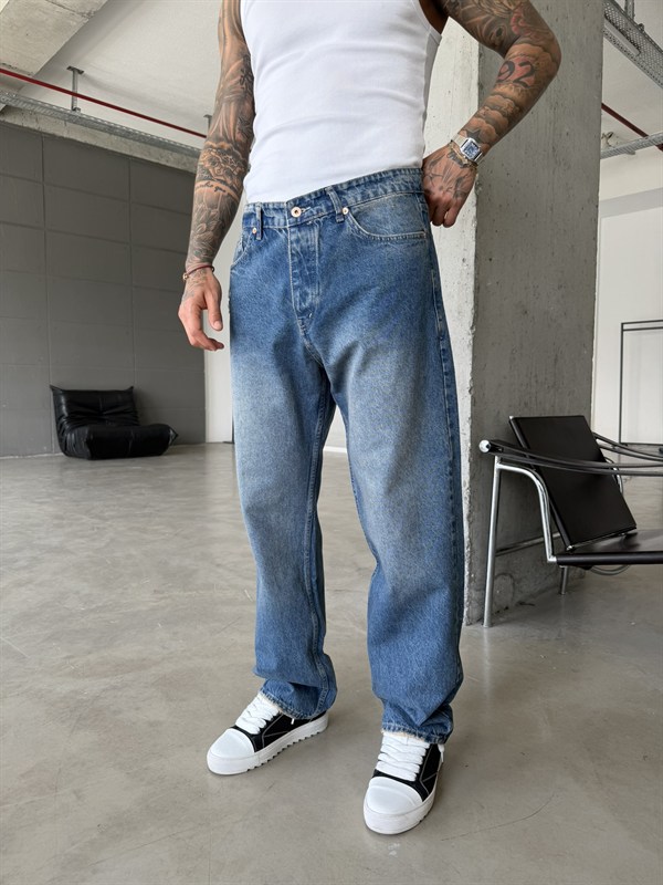 Cep Yırtık Detaylı Baggy Fit Pantolon - Mavi
