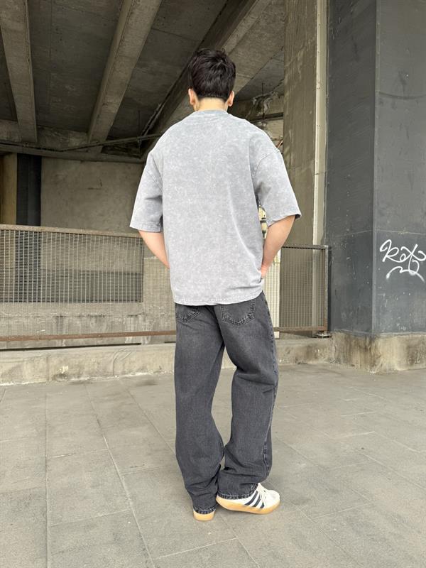 Chaos Nakışlı Yıkamalı T-Shirt -  Gri