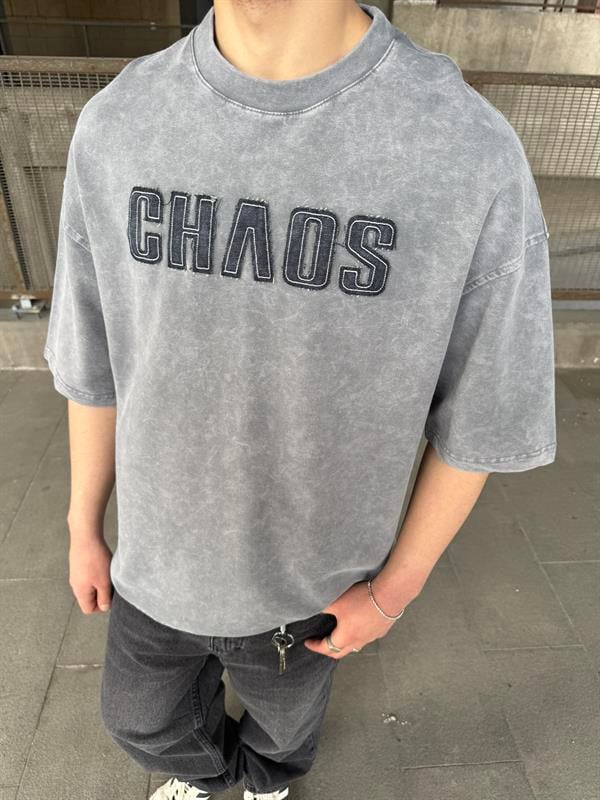 Chaos Nakışlı Yıkamalı T-Shirt -  Gri