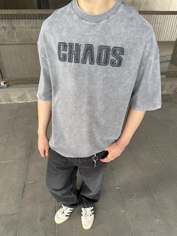 Chaos Nakışlı Yıkamalı T-Shirt -  Gri
