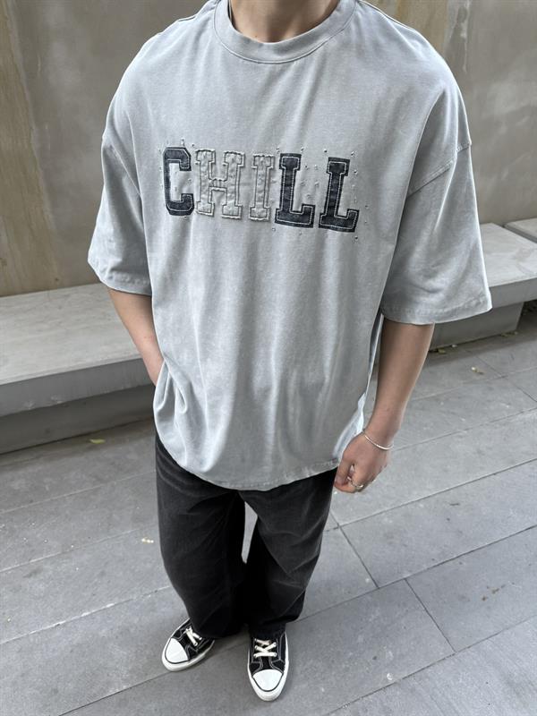 CHILL 00 Pacht Baskılı Oversize T-Shirt - Gri