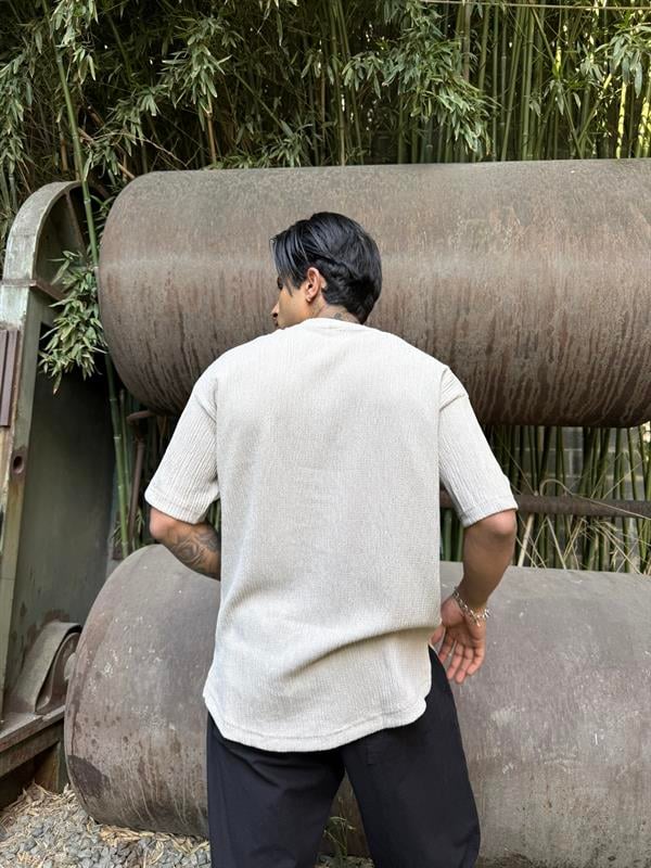 Cizgi Desenli T Kumaş T-Shirt - Bej