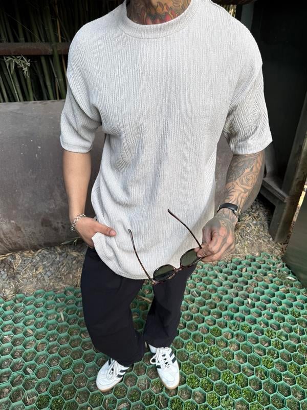 Cizgi Desenli T Kumaş T-Shirt - Bej