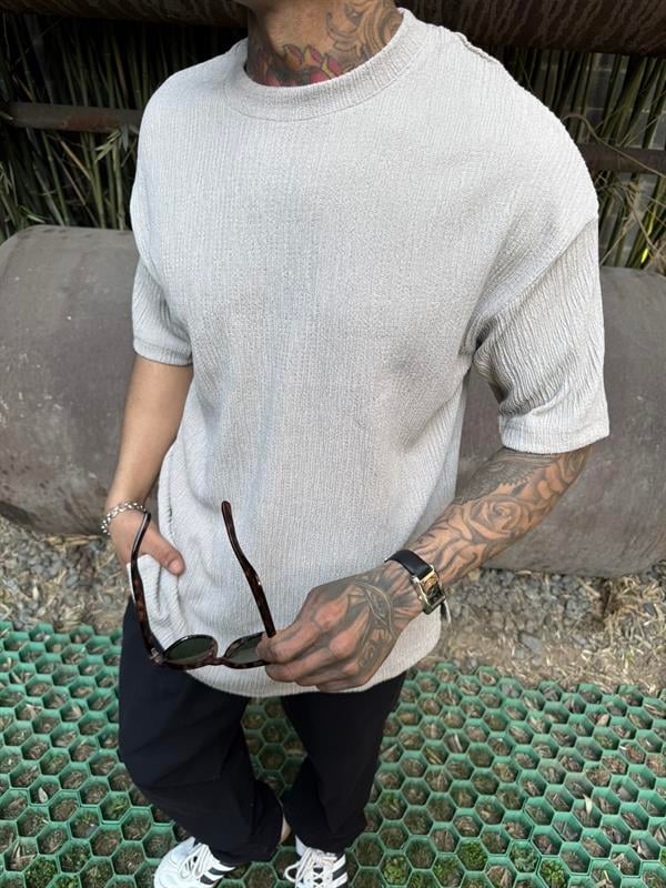 Cizgi Desenli T Kumaş T-Shirt - Bej