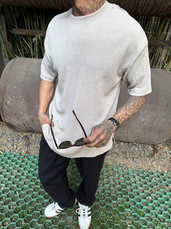 Cizgi Desenli T Kumaş T-Shirt - Bej