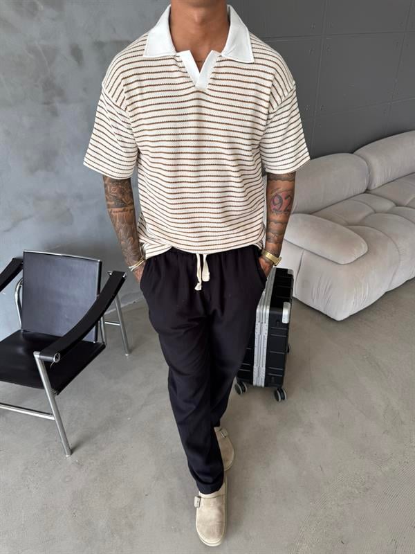 Cizgi Dokuma Polo Yaka T-Shirt - Kahve
