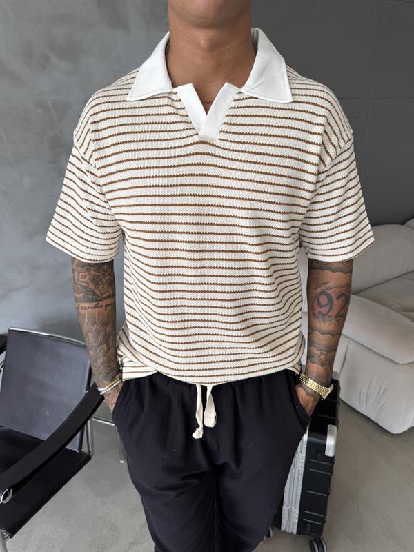 Cizgi Dokuma Polo Yaka T-Shirt - Kahve