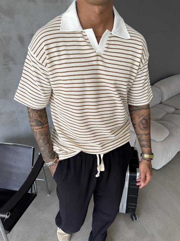 Cizgi Dokuma Polo Yaka T-Shirt - Kahve