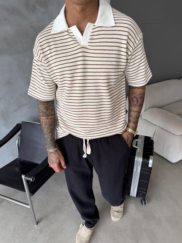 Cizgi Dokuma Polo Yaka T-Shirt - Kahve