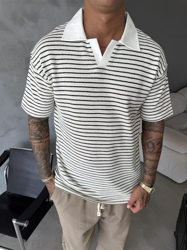 Cizgi Dokuma Polo Yaka T-Shirt - Siyah