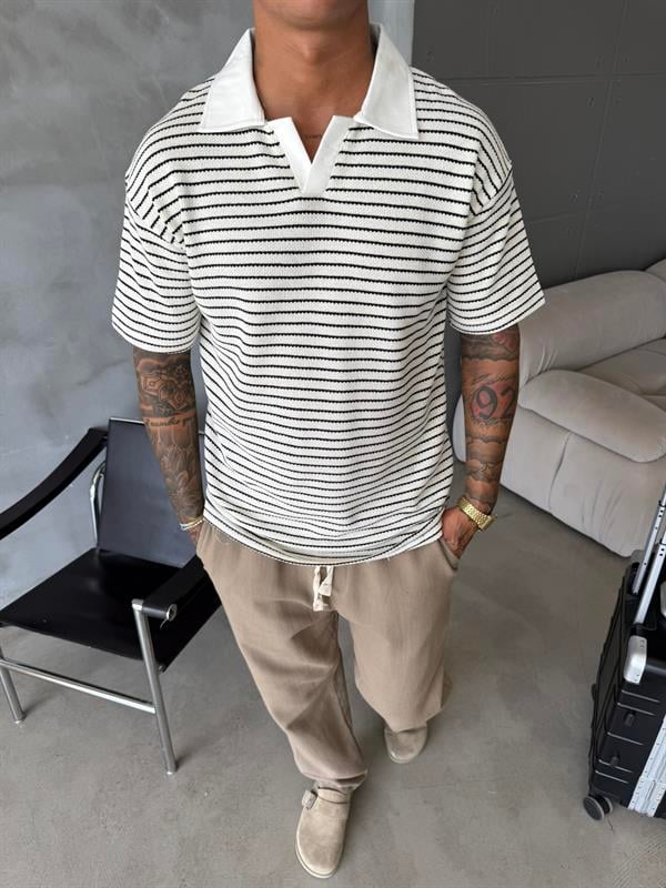 Cizgi Dokuma Polo Yaka T-Shirt - Siyah