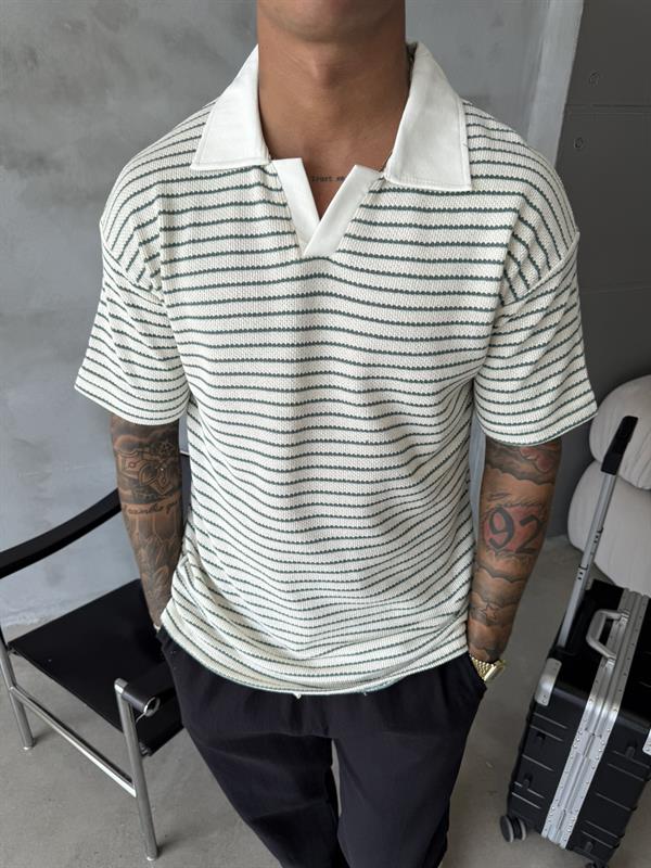 Cizgi Dokuma Polo Yaka T-Shirt - Yeşil