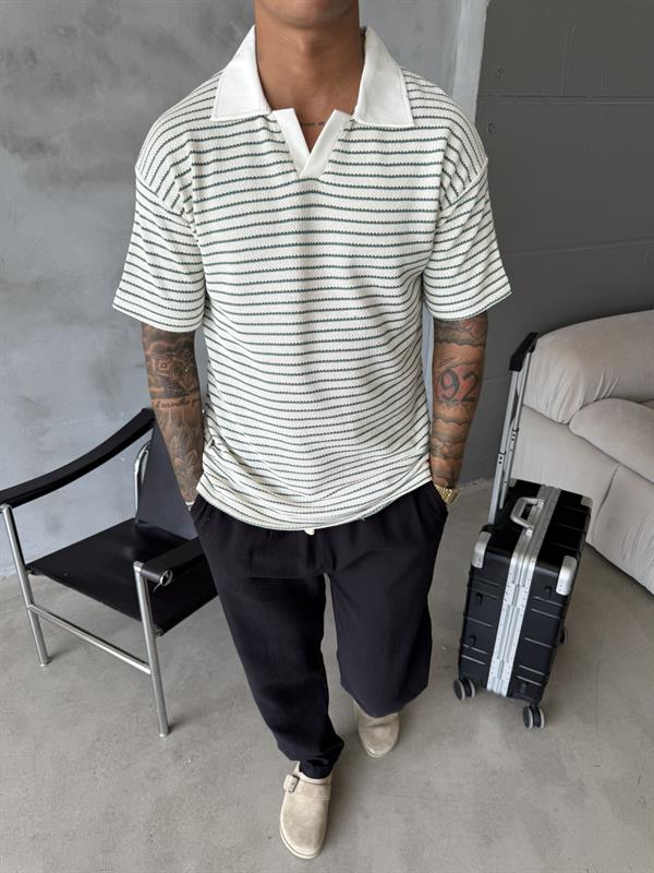 Cizgi Dokuma Polo Yaka T-Shirt - Yeşil