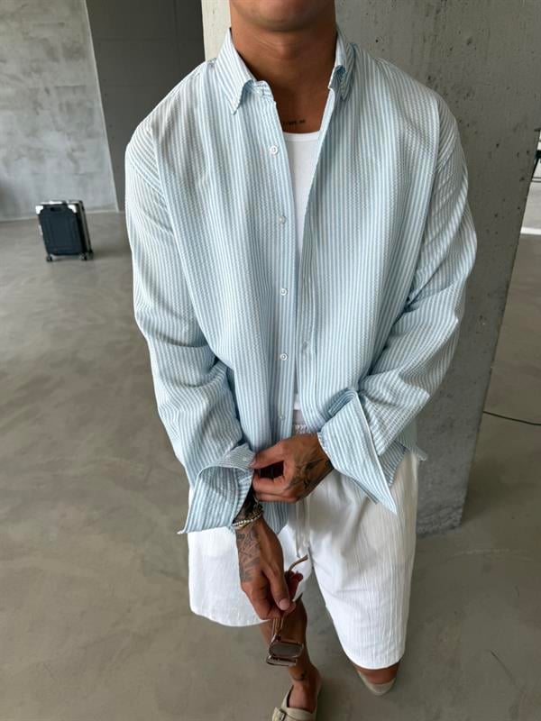 Cizgili Basic Gömlek - Mavi