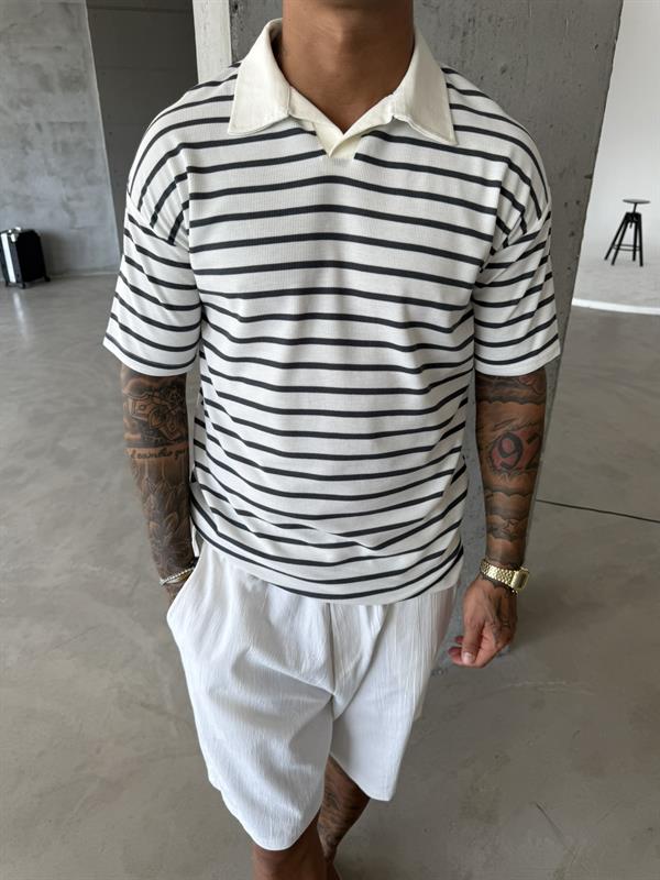 Cizgili Basic Polo Yaka T-Shirt - Füme