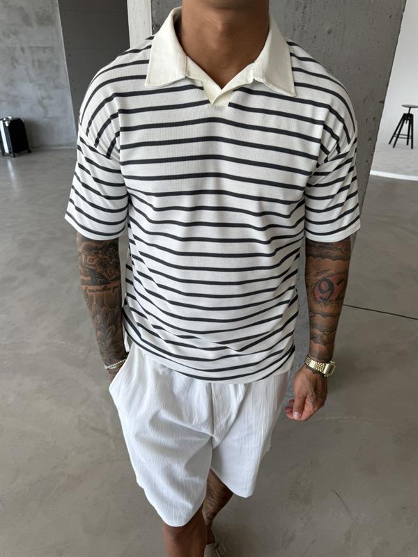 Cizgili Basic Polo Yaka T-Shirt - Füme