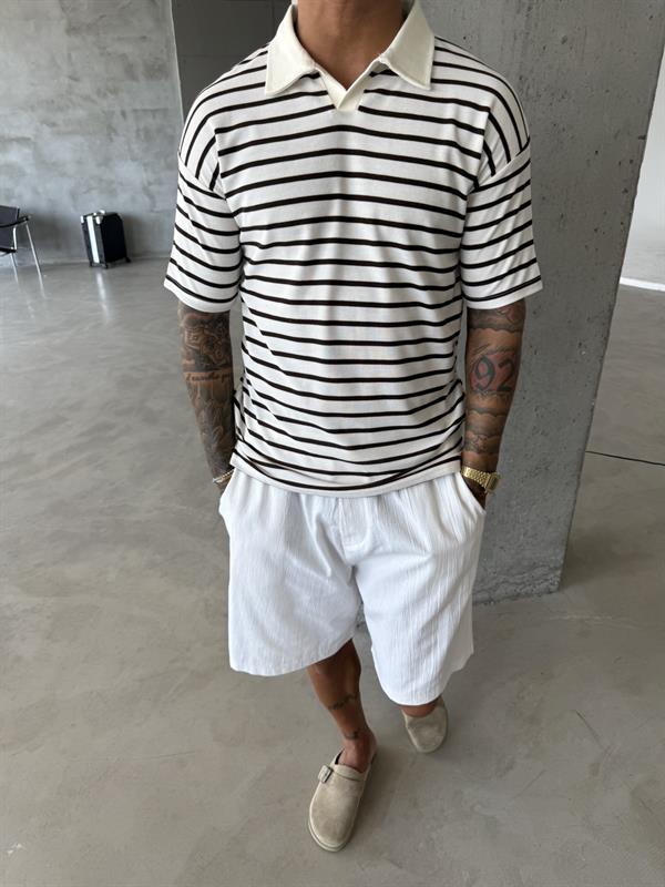 Cizgili Basic Polo Yaka T-Shirt - Kahve