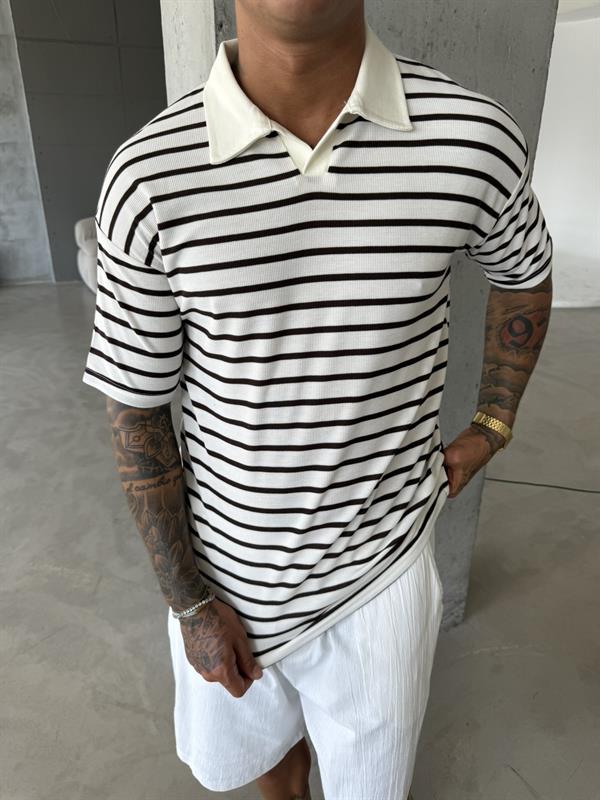 Cizgili Basic Polo Yaka T-Shirt - Kahve