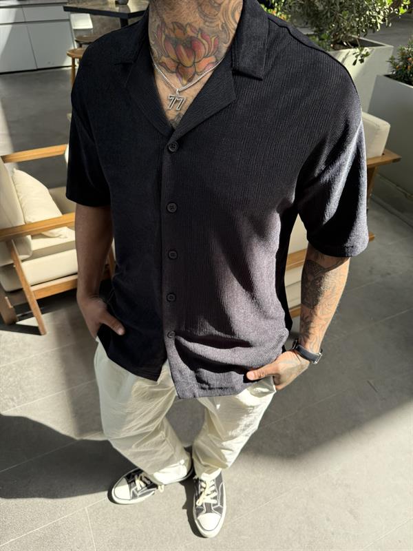 Cizgili Dokulu Gömlek - Siyah