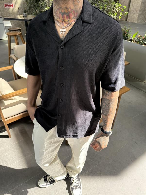 Cizgili Dokulu Gömlek - Siyah