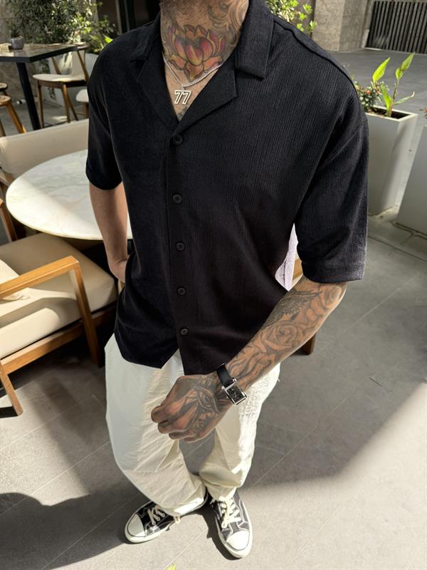 Cizgili Dokulu Gömlek - Siyah