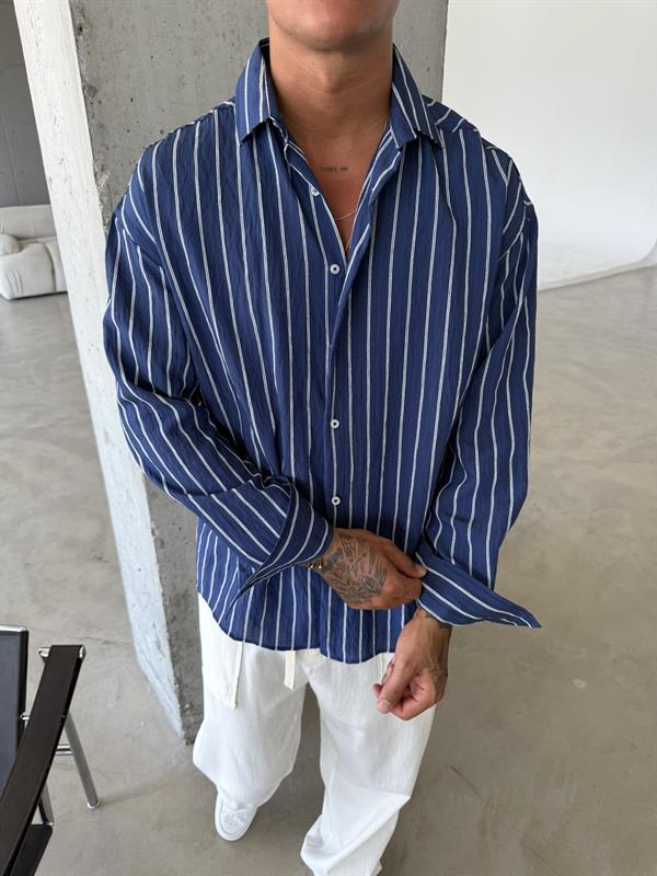 Cizgili Fresh Kumaş Gömlek - Lacivert