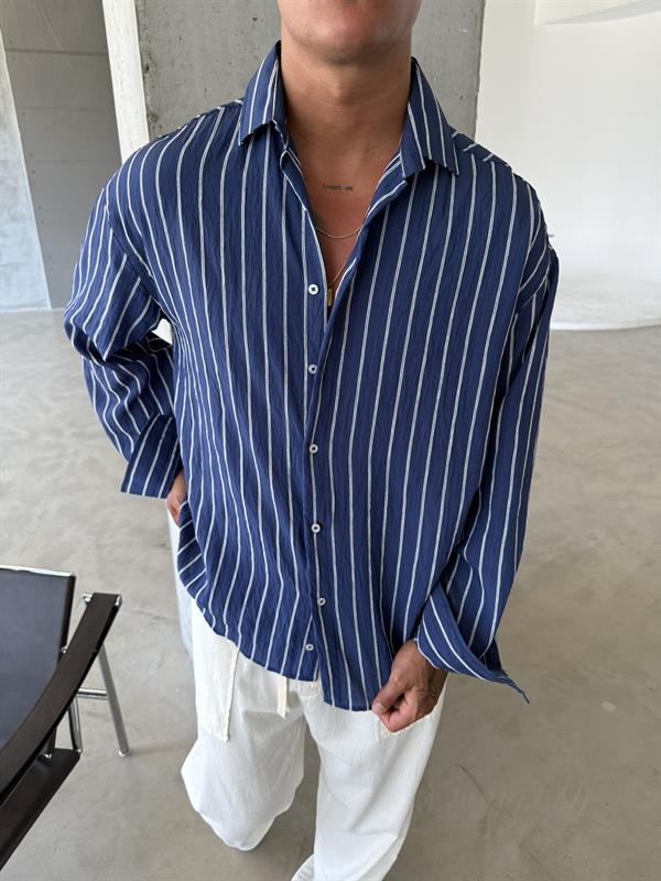 Cizgili Fresh Kumaş Gömlek - Lacivert