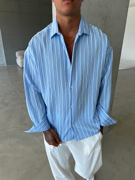Cizgili Fresh Kumaş Gömlek - Mavi