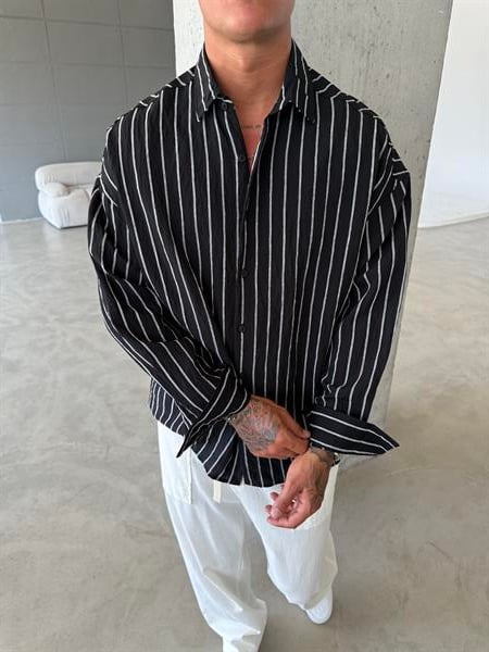 Cizgili Fresh Kumaş Gömlek - Siyah