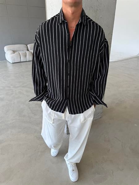 Cizgili Fresh Kumaş Gömlek - Siyah