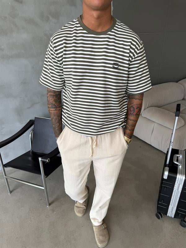 Cizgili Human Nakışlı T-Shirt - Haki