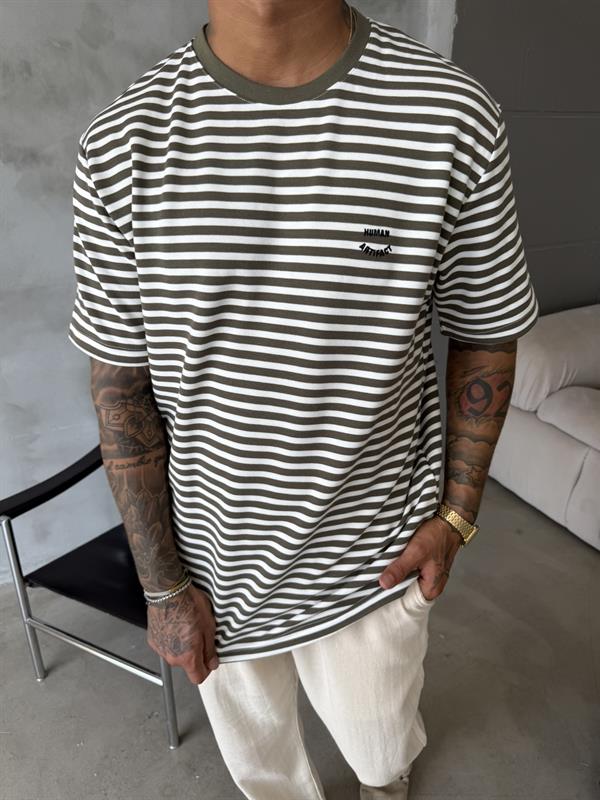 Cizgili Human Nakışlı T-Shirt - Haki