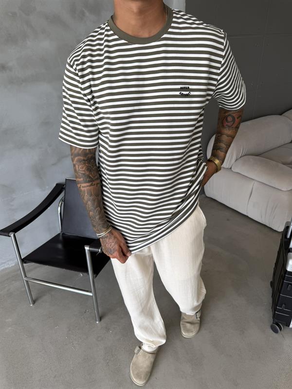 Cizgili Human Nakışlı T-Shirt - Haki