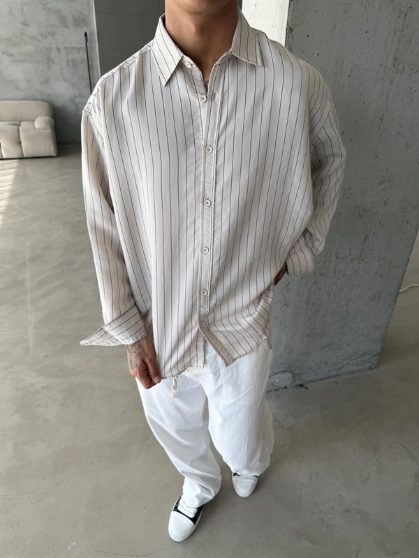 Cizgili Modal Basic Gömlek - Bej