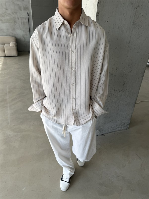 Cizgili Modal Basic Gömlek - Bej