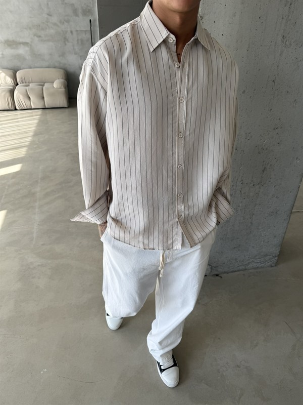 Cizgili Modal Basic Gömlek - Bej