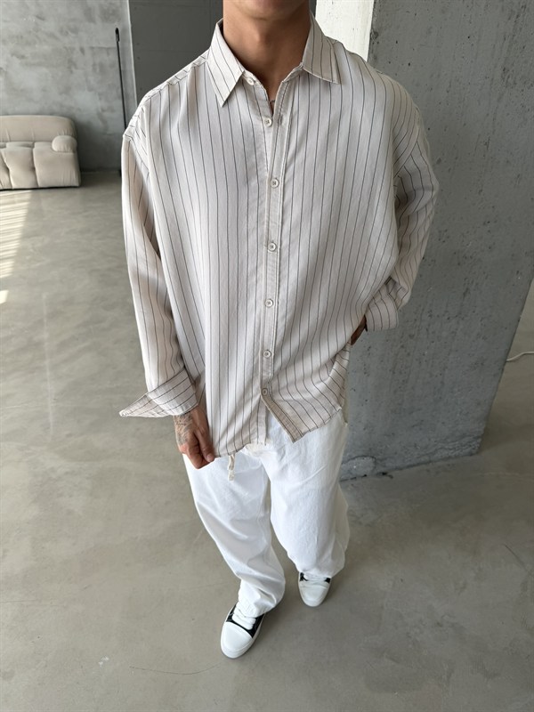 Cizgili Modal Basic Gömlek - Bej