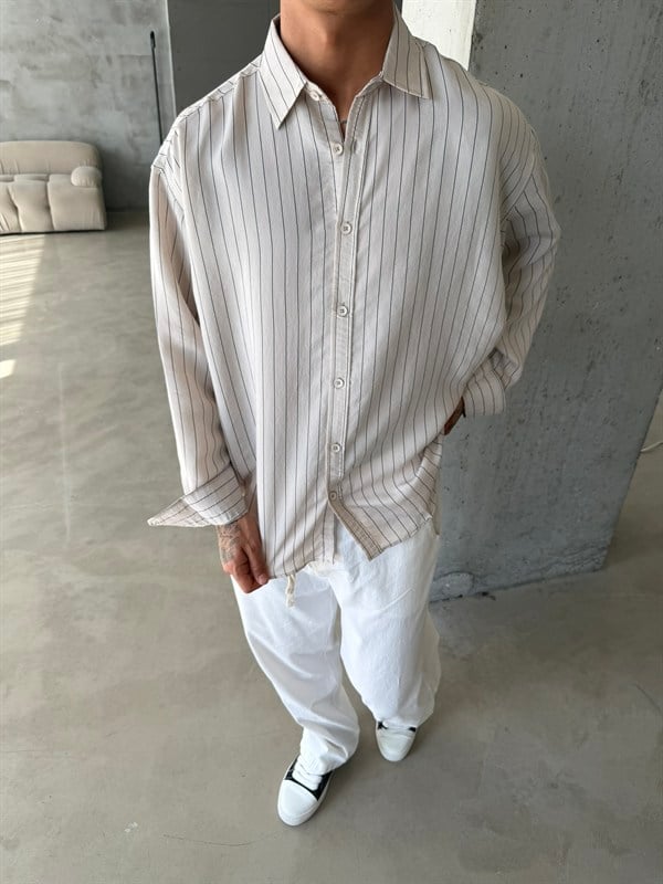 Cizgili Modal Basic Gömlek - Bej