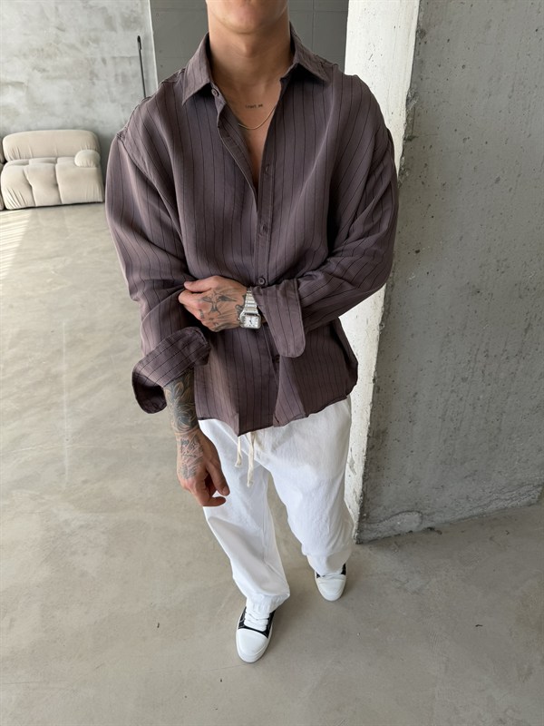 Cizgili Modal Basic Gömlek - Kahve