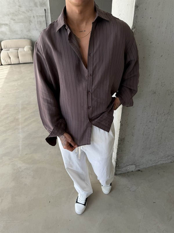 Cizgili Modal Basic Gömlek - Kahve