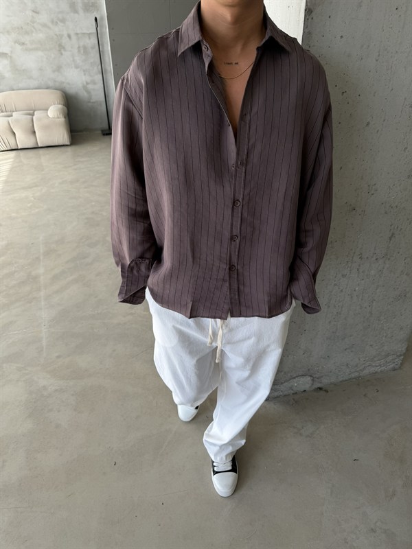 Cizgili Modal Basic Gömlek - Kahve