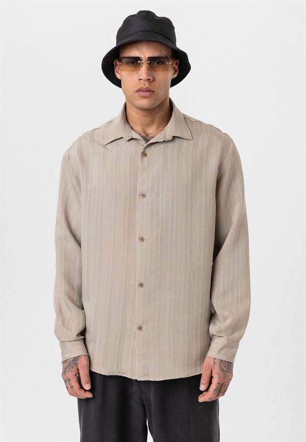 Çizgili Uzun Kol Oversize Gömlek - Bej