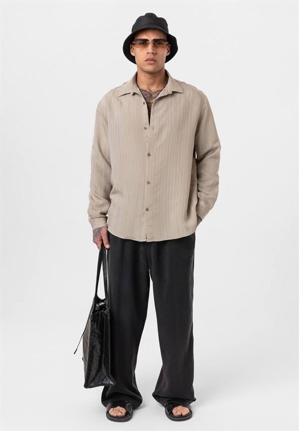 Çizgili Uzun Kol Oversize Gömlek - Bej